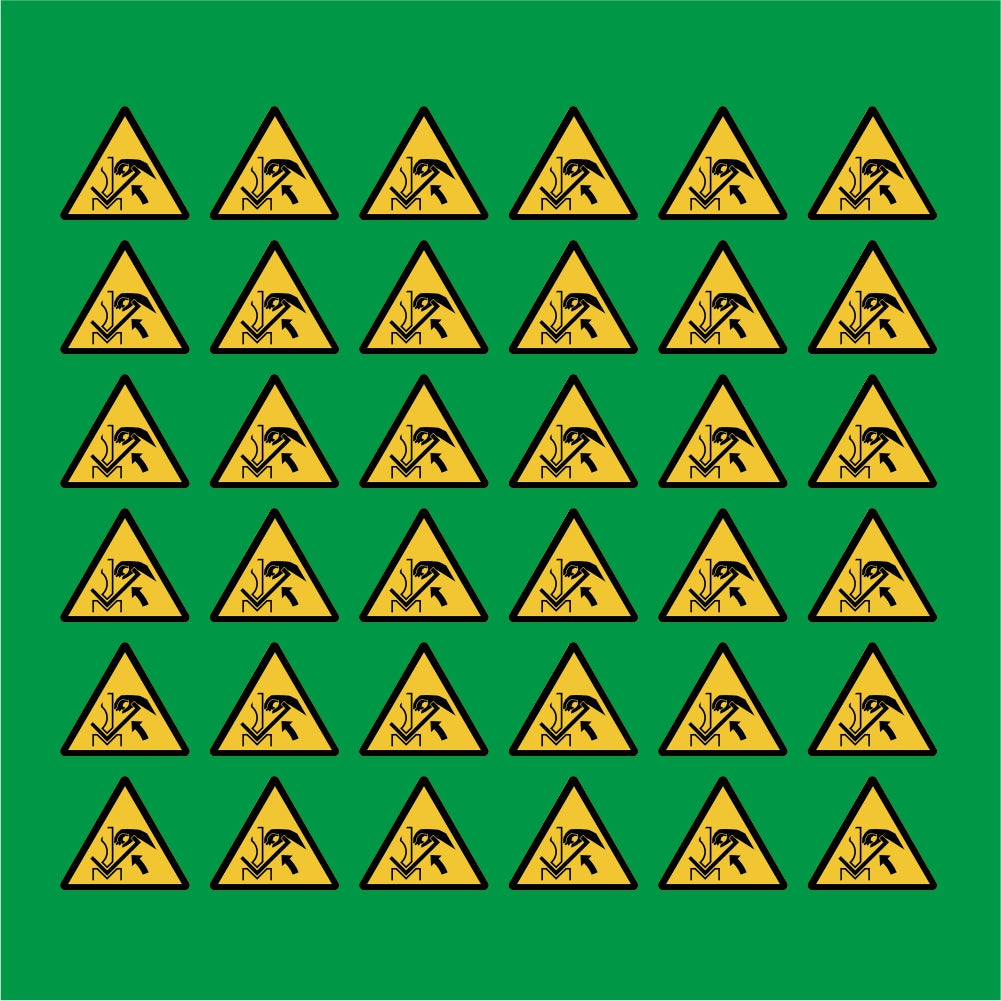 PACCO DA 6 KIT DI 6 ADESIVI TRIANGOLARI - Pericolo schiacciamento delle mani tra la pressa piegatrice e il materiale - Pittogramma ISO 7010 Con Stampa Diretta U.V.