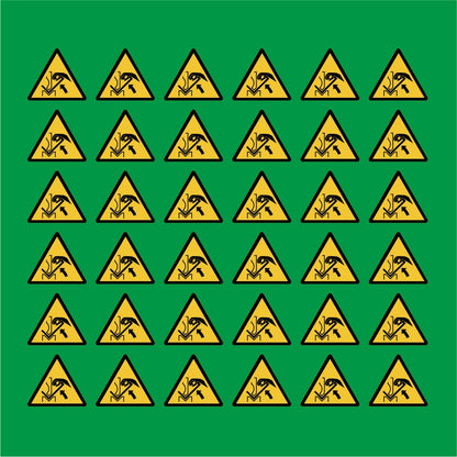 PACCO DA 6 KIT DI 6 ADESIVI TRIANGOLARI - Pericolo schiacciamento delle mani tra la pressa piegatrice e il materiale - Pittogramma ISO 7010 Con Stampa Diretta U.V.