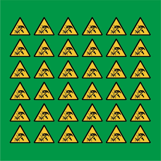 PACCO DA 6 KIT DI 6 ADESIVI TRIANGOLARI - Pericolo schiacciamento delle mani tra la pressa piegatrice e il materiale - Pittogramma ISO 7010 Con Stampa Diretta U.V.