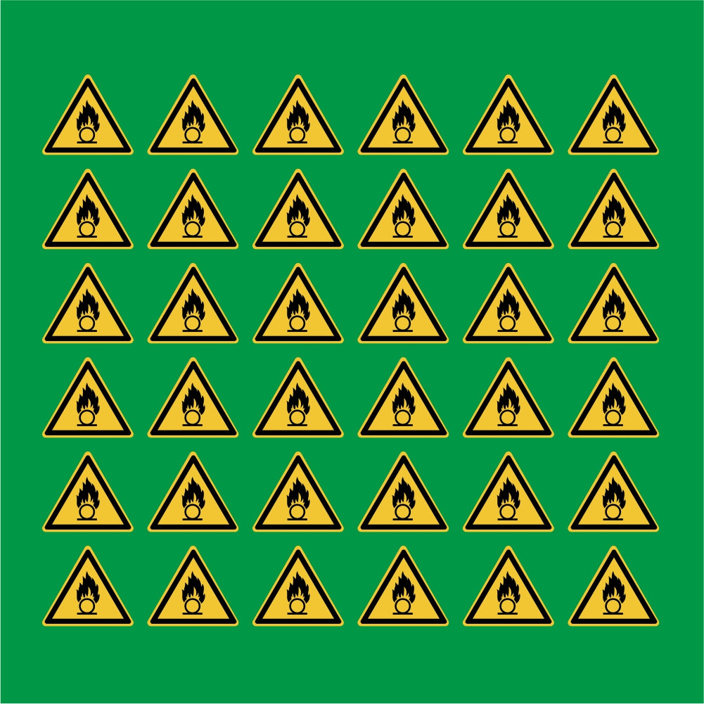 PACCO DA 6 KIT DI 6 ADESIVI TRIANGOLARI - Pericolo sostanze comburenti - Pittogramma ISO 7010 Con Stampa Diretta U.V.