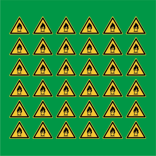 PACCO DA 6 KIT DI 6 ADESIVI TRIANGOLARI - Pericolo sostanze comburenti - Pittogramma ISO 7010 Con Stampa Diretta U.V.