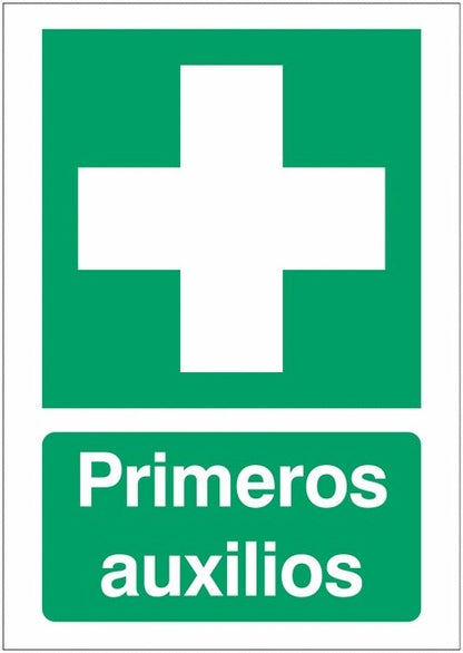 GLOBAL CARTELLO SEGNALETICO - Primeros auxilios - Adesivo Extra Resistente, Pannello in Forex, Pannello In Alluminio