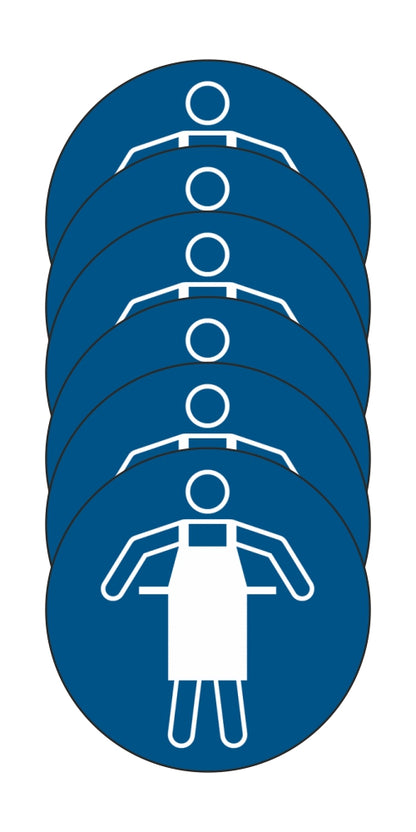 GLOBAL KIT DI 6 ADESIVI ROTONDI - Usare un grembiule protettivo - Pittogramma ISO 7010 Con Stampa Diretta U.V. (IDEALE ANCHE PER ESTERNO)