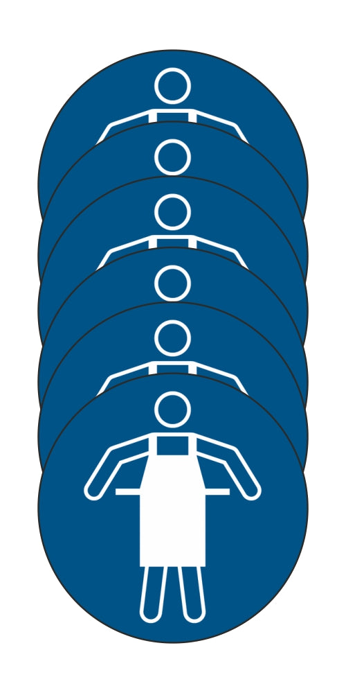 GLOBAL KIT DI 6 ADESIVI ROTONDI - Usare un grembiule protettivo - Pittogramma ISO 7010 Con Stampa Diretta U.V. (IDEALE ANCHE PER ESTERNO)