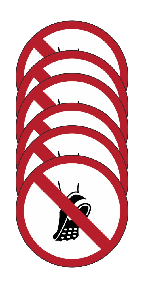 GLOBAL KIT DI 6 ADESIVI ROTONDI - Vietato indossare scarpe con suole chiodate - Pittogramma ISO 7010 Con Stampa Diretta U.V. (IDEALE ANCHE PER ESTERNO)