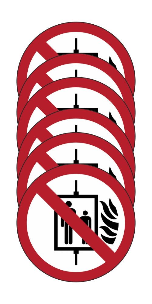 GLOBAL KIT DI 6 ADESIVI ROTONDI - Vietato usare l’ascensore in caso di incendio - Pittogramma ISO 7010 Con Stampa Diretta U.V. (IDEALE ANCHE PER ESTERNO)