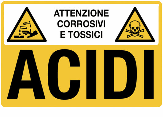 GLOBAL CARTELLO SEGNALETICO - attenzione corrossivi e tossici acidi - Adesivo Extra Resistente, Pannello in Forex, Pannello In Alluminio