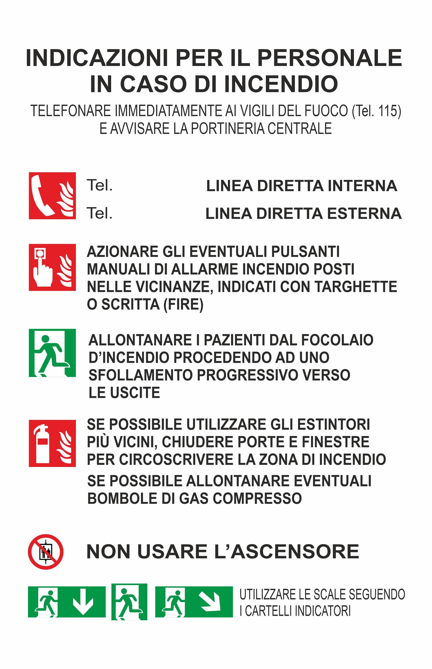 GLOBAL CARTELLO SEGNALETICO - indicazioni per il personale in caso di incendio - Adesivo Extra Resistente, Pannello in Forex, Pannello In Alluminio