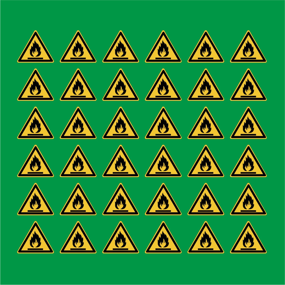 PACCO DA 6 KIT DI 6 ADESIVI TRIANGOLARI - materiali infiammabili  - Pittogramma ISO 7010 Con Stampa Diretta U.V.