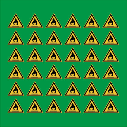 PACCO DA 6 KIT DI 6 ADESIVI TRIANGOLARI - materiali infiammabili  - Pittogramma ISO 7010 Con Stampa Diretta U.V.