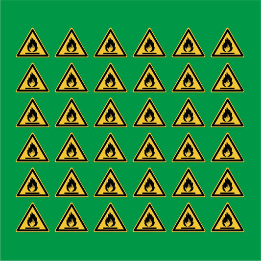 PACCO DA 6 KIT DI 6 ADESIVI TRIANGOLARI - materiali infiammabili  - Pittogramma ISO 7010 Con Stampa Diretta U.V.