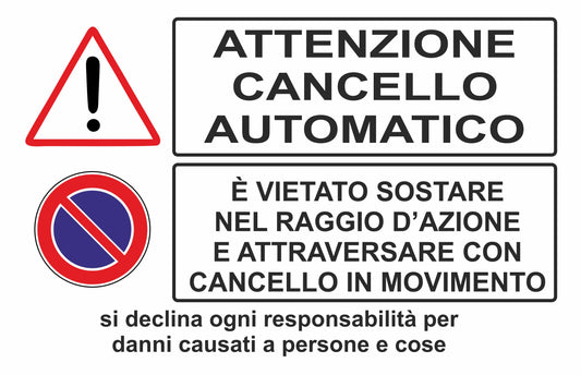 GLOBAL CARTELLO SEGNALETICO - multisimbolo attenzione cancello automatico - Adesivo Extra Resistente, Pannello in Forex, Pannello In Alluminio