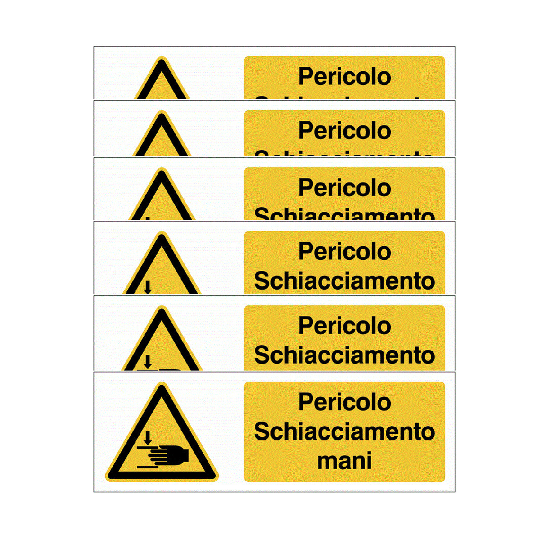 KIT DI 6 ADESIVI UNI -"Pericolo di schiacciamento delle mani"- Pittogramma ISO 7010 Con Stampa Diretta U.V. (IDEALE ANCHE PER ESTERNO)