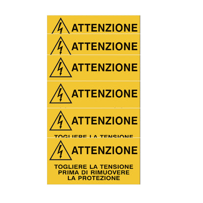 KIT DI 6 ADESIVI -  Attenzione - Togliere la tensione prima di rimuovere la protezione- Pittogramma ISO 7010 Con Stampa Diretta U.V. (IDEALE ANCHE PER ESTERNO)