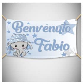 BANNER STRISCIONE NASCITA - Elefantino cappello azzurro - CON IL TUO NOME bimbo neonato