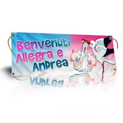 BANNER STRISCIONE NASCITA - Cicogna Gemelli Boy and Girl - CON IL TUO NOME bimbo neonato