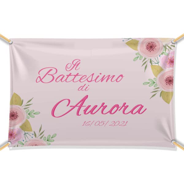 BANNER STRISCIONE BATTESIMO - Fiori rosa e gialli - CON IL TUO NOME bimbo