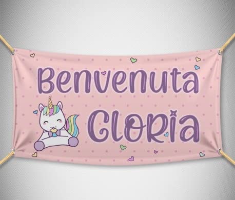 BANNER STRISCIONE NASCITA - Unicorno monello rosa - CON IL TUO NOME bimbo neonato