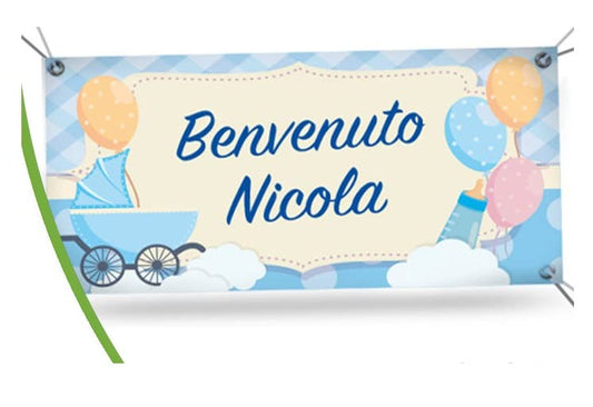 BANNER STRISCIONE NASCITA - Palloncini e carrozina - CON IL TUO NOME bimbo neonato