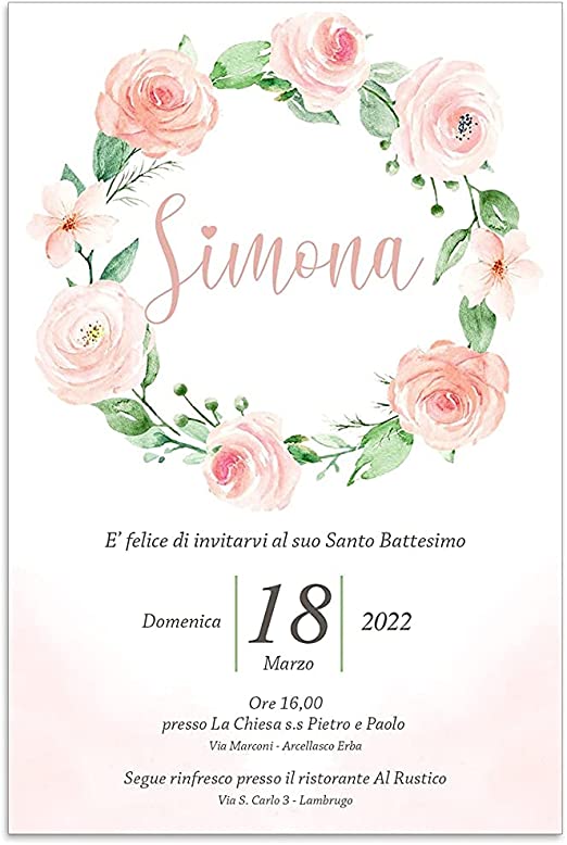 Partecipazioni di BATTESIMO Personalizzate IN PLEXIGLASS CON STAMPA AD ALTA QUALITÁ - fiori rosa - completamente PERSONALIZZABILE