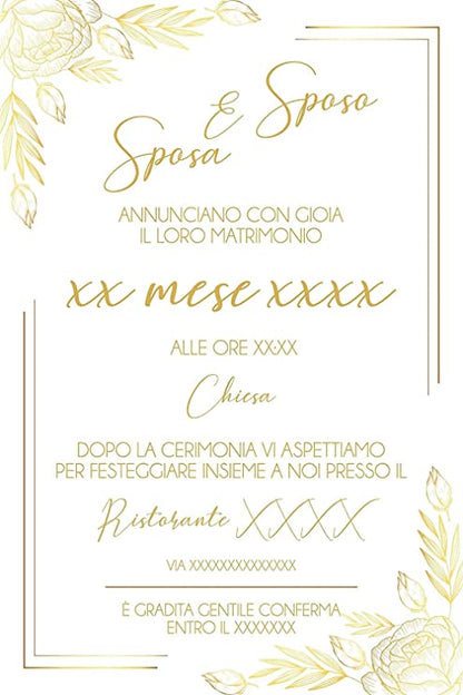 Partecipazioni di Matrimonio Personalizzate IN PLEXIGLASS CON STAMPA AD ALTA QUALITÁ - FIORI ORO - completamente PERSONALIZZABILE