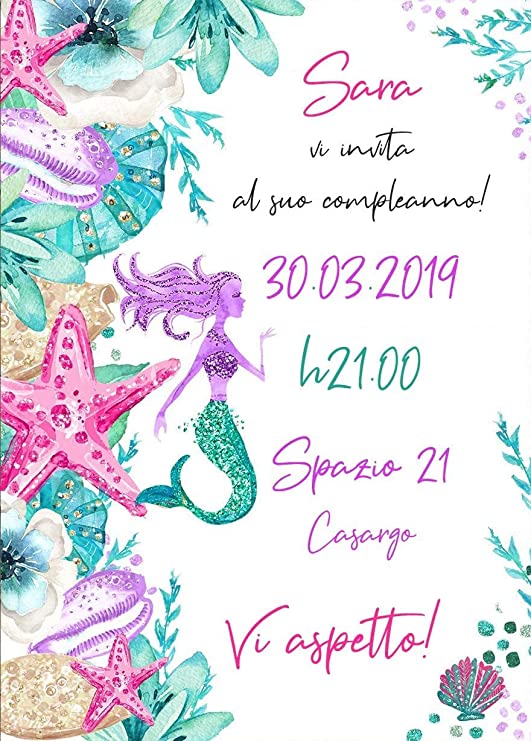 Partecipazioni di COMPLEANNO O BATTESIMO Personalizzate IN PLEXIGLASS CON STAMPA AD ALTA QUALITÁ - sirena - completamente PERSONALIZZABILE