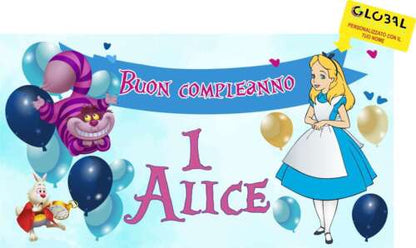 BANNER STRISCIONE compleanno - ALICE NEL PAESE DELLE MERAVIGLIE - CON NOME & ETA