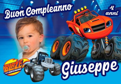 STRISCIONE compleanno - Blaze and the monster machines- NOME foto ed età bimbo/a