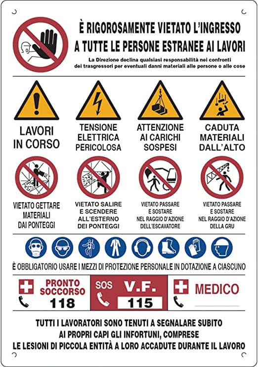 norme generali di prevenzione infortuni + segnali di avviso - CARTELLO SEGNALETICO ISO 7010 in Adesivo Resistente, Pannello in Forex, Pannello In Alluminio o in Plexiglas