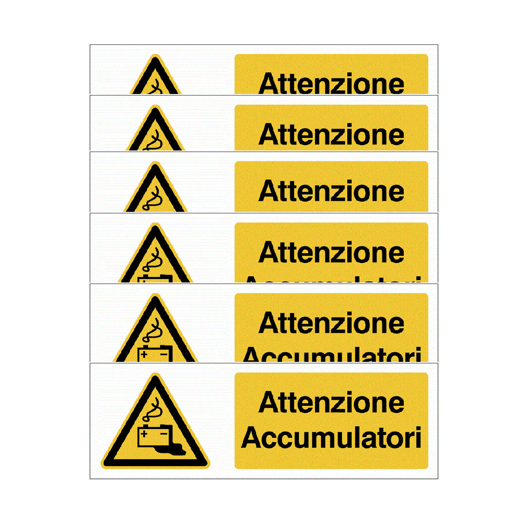 KIT DI 6 ADESIVI UNI -Attenzione accumulatori- Pittogramma ISO 7010 Con Stampa Diretta U.V. (IDEALE ANCHE PER ESTERNO)