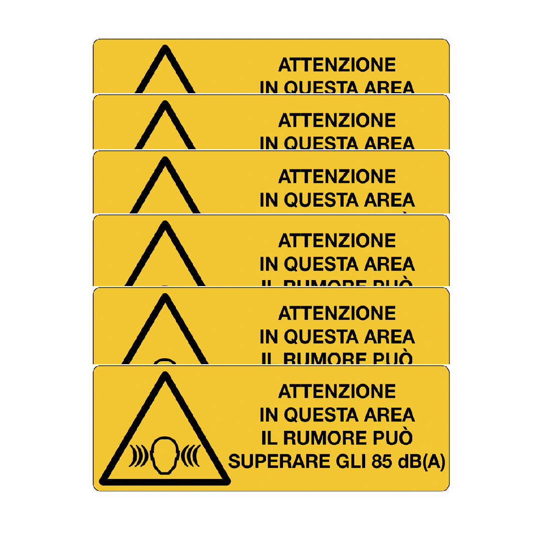 KIT DI 6 ADESIVI UNI - Attenzione in questa area il rumore può superare gli 85 dB(A)- Pittogramma ISO 7010 Con Stampa Diretta U.V. (IDEALE ANCHE PER ESTERNO)