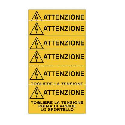 KIT DI 6 ADESIVI -  Attenzione - Togliere la tensione prima di aprire lo sportello- Pittogramma ISO 7010 Con Stampa Diretta U.V. (IDEALE ANCHE PER ESTERNO)