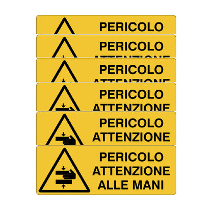 KIT DI 6 ADESIVI UNI -Pericolo attenzione alle mani- Pittogramma ISO 7010 Con Stampa Diretta U.V. (IDEALE ANCHE PER ESTERNO)