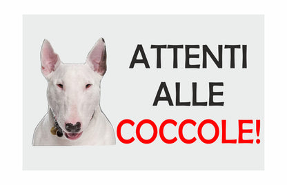 ATTENTI ALLE COCCOLE  - BULL TERRIER - CARTELLO ATTENTI AL CANE in Adesivo Resistente, Pannello in Forex, Pannello In Alluminio o in Plexiglas