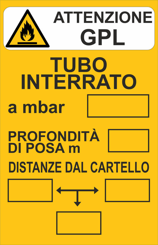 ATTENZIONE IMPIANTO GPL - CARTELLO SEGNALETICO ISO 7010 in Adesivo Resistente, Pannello in Forex, Pannello In Alluminio o in Plexiglas