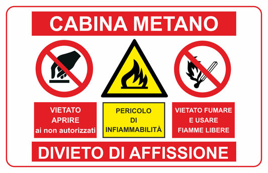 CABINA METANO M2 - Warning- ISO 7010 in Adesivo Resistente, Pannello in Forex, Pannello In Alluminio o in Plexiglas