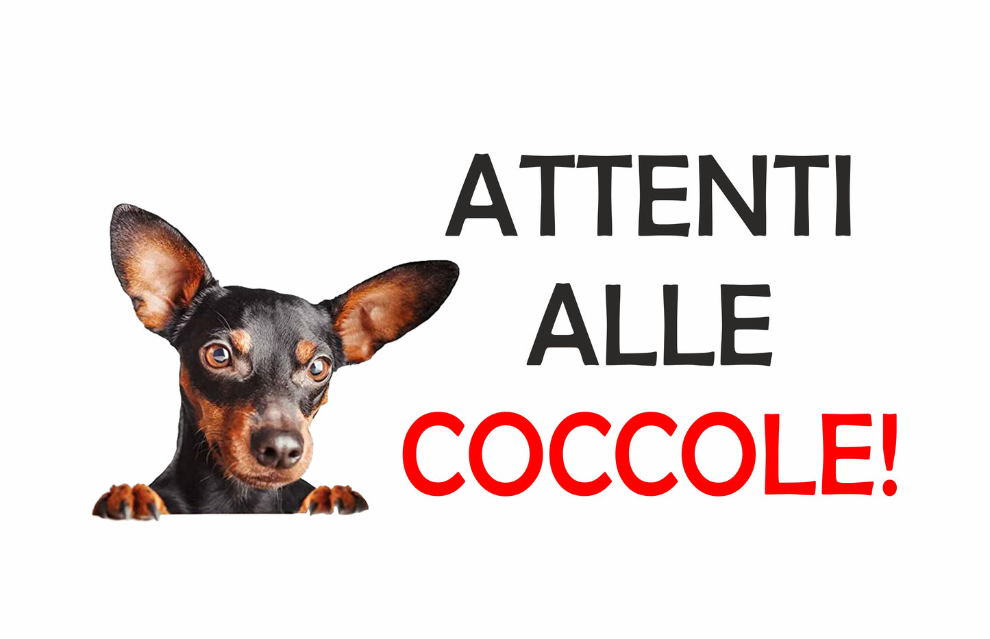 ATTENTI ALLE COCCOLE – PINSCHER - CARTELLO ATTENTI AL CANE in Adesivo Resistente, Pannello in Forex, Pannello In Alluminio o in Plexiglas