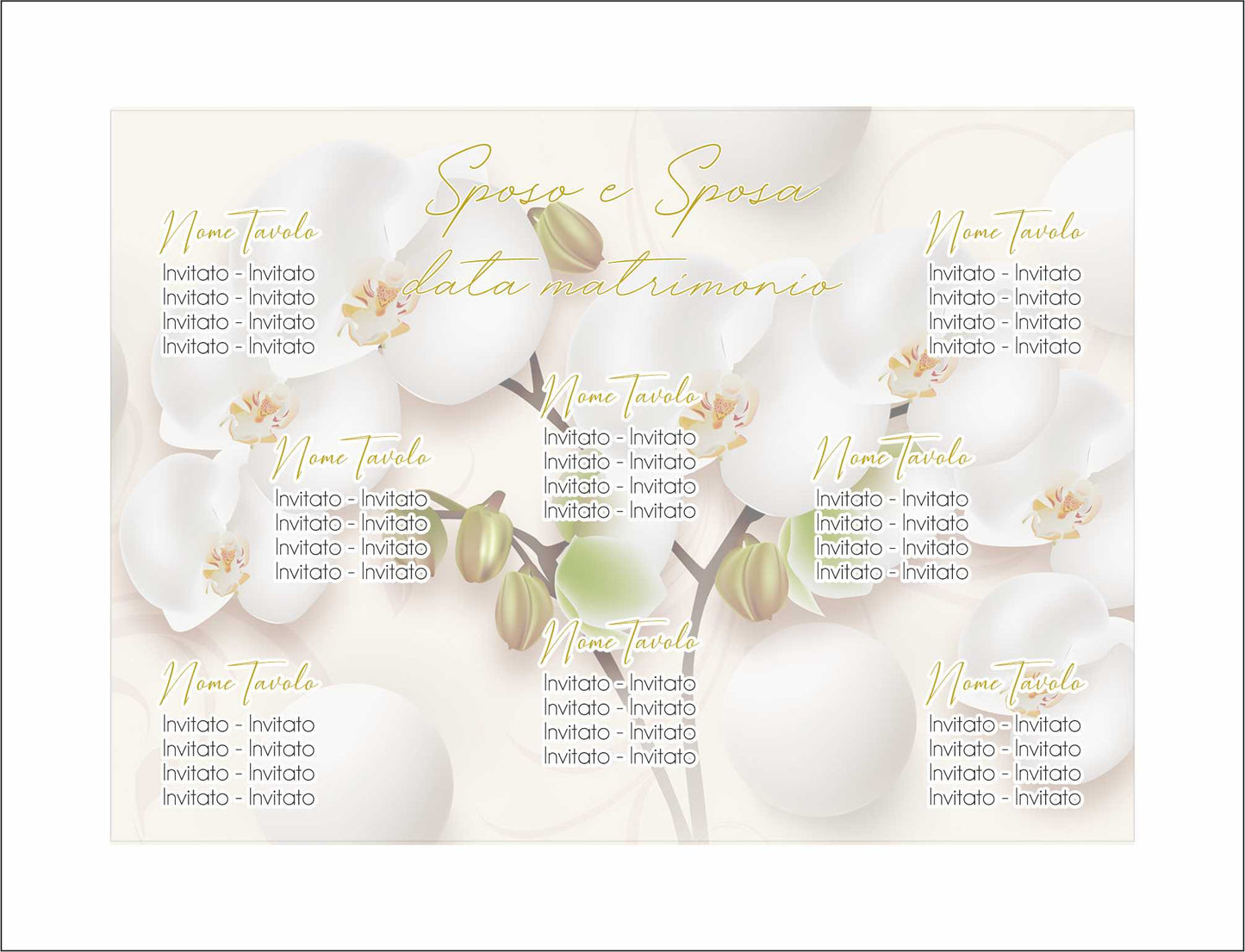 TABLEAU DE MARIAGE IN VARI MATERIALI (PLEXIGLASS) CON STAMPA U.V. AD ALTISSIMA QUALITÁ - ORCHIEDEA BIANCA - completamente PERSONALIZZABILE