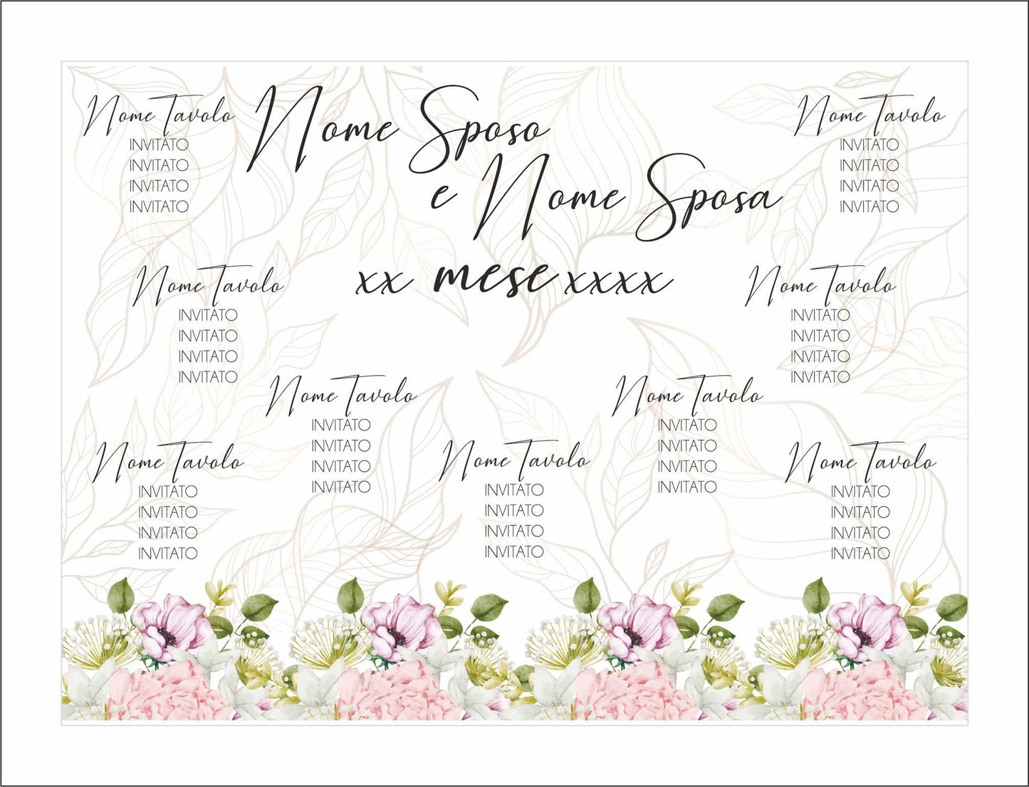 TABLEAU DE MARIAGE IN VARI MATERIALI (PLEXIGLASS) CON STAMPA U.V. AD ALTISSIMA QUALITÁ - PEONIE E FIORI ROSA - completamente PERSONALIZZABILE