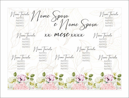 TABLEAU DE MARIAGE IN VARI MATERIALI (PLEXIGLASS) CON STAMPA U.V. AD ALTISSIMA QUALITÁ - PEONIE E FIORI ROSA - completamente PERSONALIZZABILE