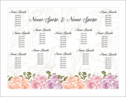 TABLEAU DE MARIAGE IN VARI MATERIALI (PLEXIGLASS) CON STAMPA U.V. AD ALTISSIMA QUALITÁ - ROSE PESCA, VIOLE E ROSA - completamente PERSONALIZZABILE