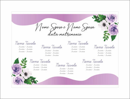 TABLEAU DE MARIAGE IN VARI MATERIALI (PLEXIGLASS) CON STAMPA U.V. AD ALTISSIMA QUALITÁ - ROSE VIOLA - completamente PERSONALIZZABILE