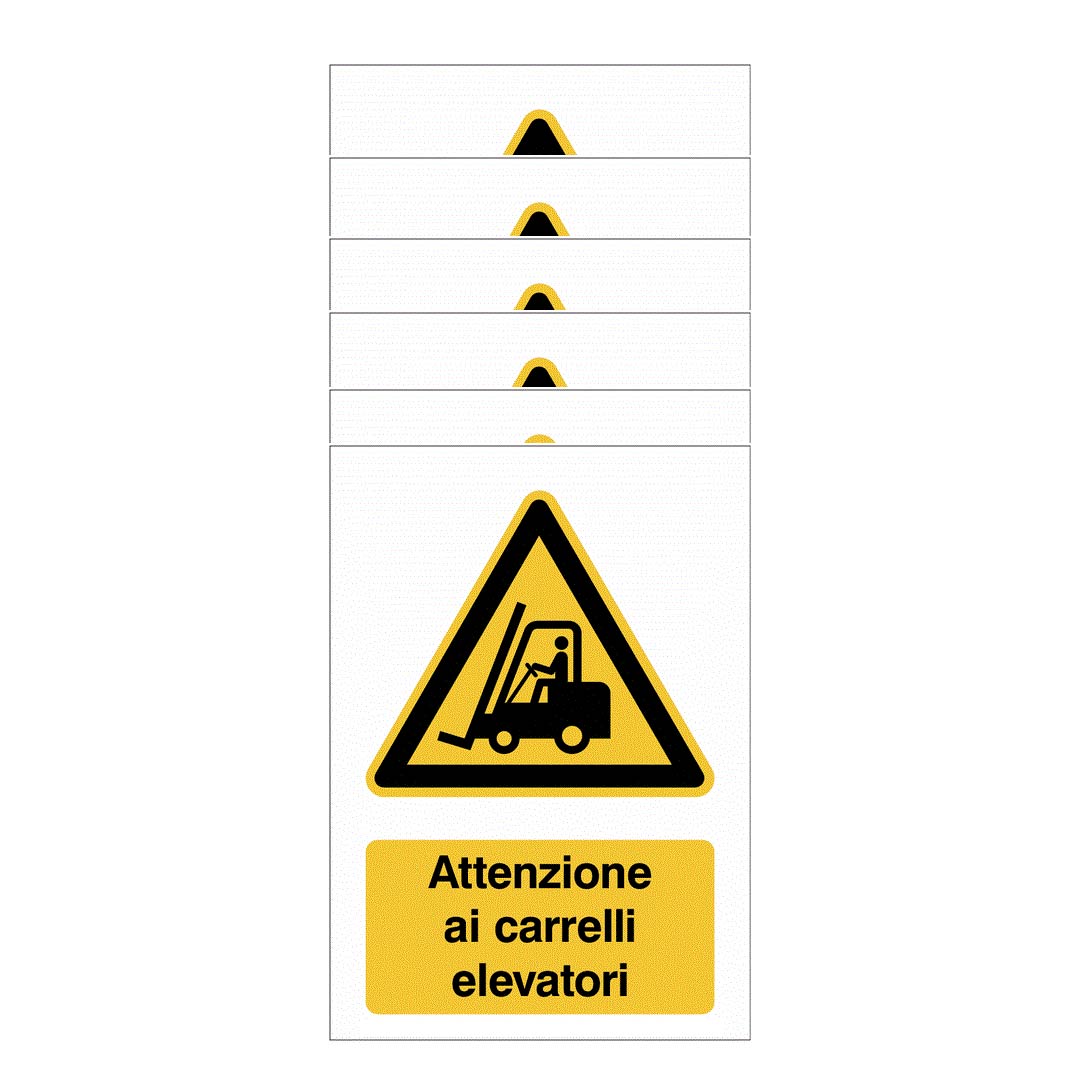 KIT DI 6 ADESIVI - Attenzione ai carrelli elevatori - Pittogramma ISO 7010 Con Stampa Diretta U.V. (IDEALE ANCHE PER ESTERNO)