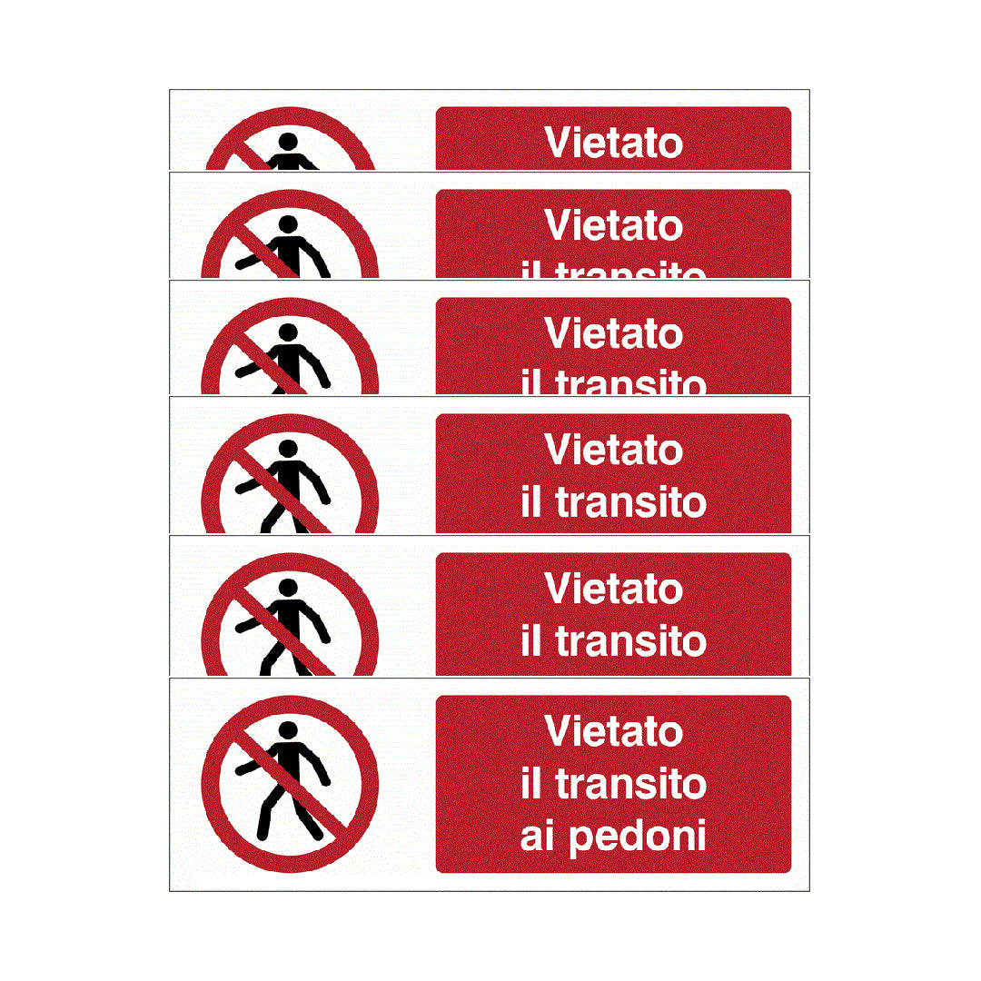 KIT DI 6 ADESIVI UNI - "Vietato il transito ai pedoni" - Pittogramma ISO 7010 Con Stampa Diretta U.V. (IDEALE ANCHE PER ESTERNO)