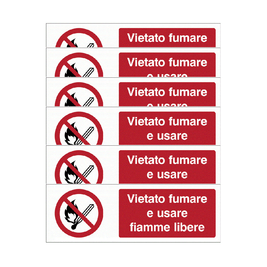 KIT DI 6 ADESIVI UNI - Vietato fumare e usare fiamme libere- Pittogramma ISO 7010 Con Stampa Diretta U.V. (IDEALE ANCHE PER ESTERNO)