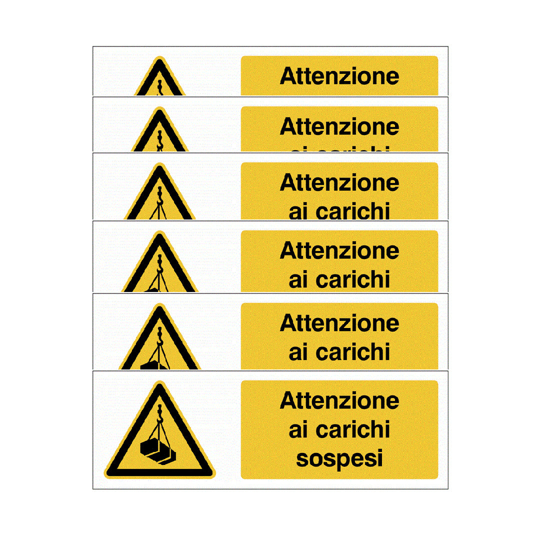 KIT DI 6 ADESIVI UNI -Attenzione ai carichi sospesi- Pittogramma ISO 7010 Con Stampa Diretta U.V. (IDEALE ANCHE PER ESTERNO)