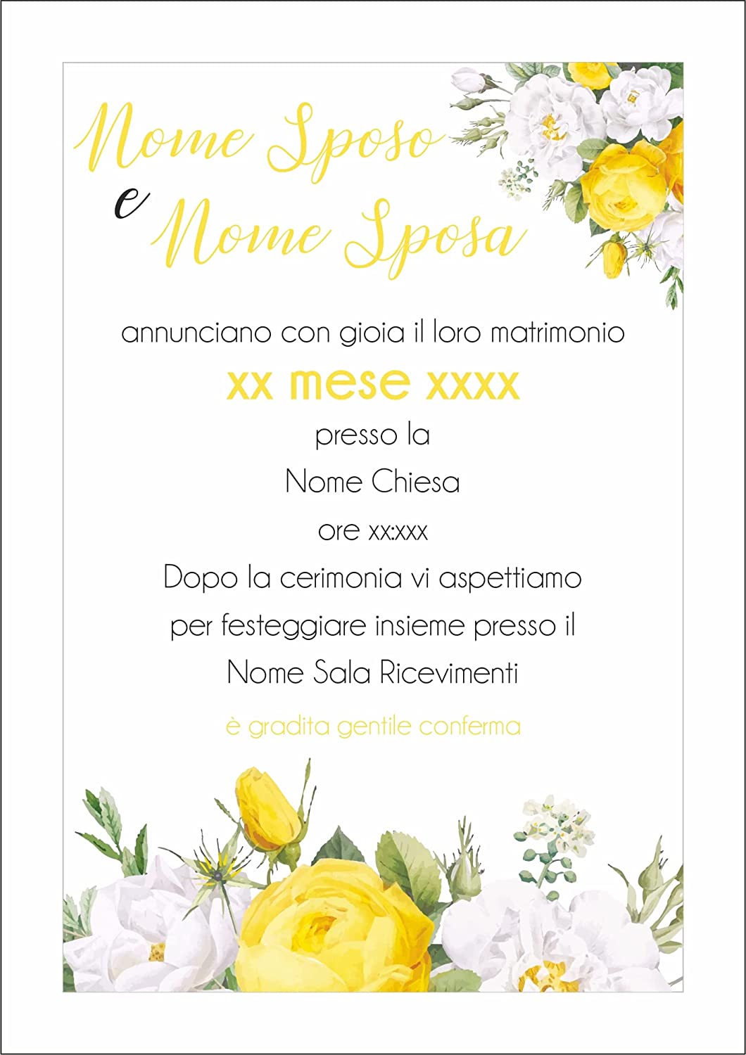 Partecipazioni di Matrimonio Personalizzate IN PLEXIGLASS CON STAMPA AD ALTA QUALITÁ - ROSE E FIORI GIALLI - completamente PERSONALIZZABILE