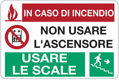 In caso di incendio non usare l'ascensore usare le scale - CARTELLO SEGNALETICO ISO 7010 in Adesivo Resistente, Pannello in Forex, Pannello In Alluminio o in Plexiglas