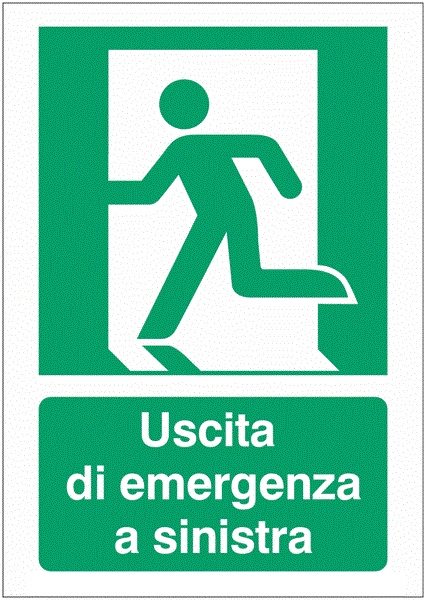 Uscita di emergenza a sinistra - CARTELLO SEGNALETICO ISO 7010 in Adesivo Resistente, Pannello in Forex, Pannello In Alluminio o in Plexiglas