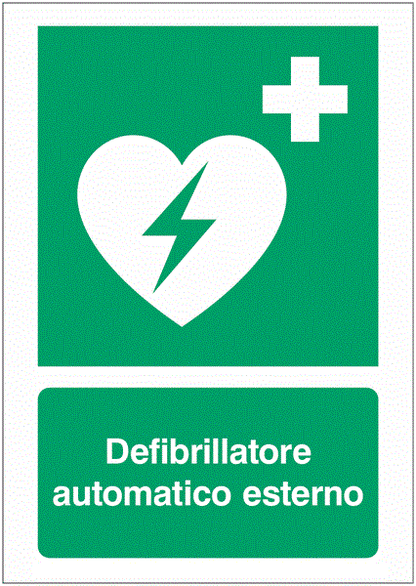 Defibrillatore automatico esterno - CARTELLO SEGNALETICO ISO 7010 in Adesivo Resistente, Pannello in Forex, Pannello In Alluminio o in Plexiglas